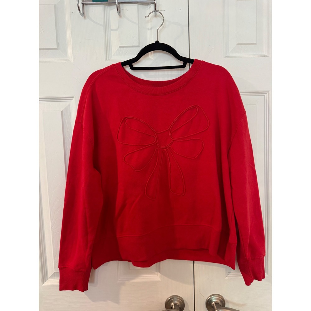 Jane + Delancey Holiday Red Bow Graphic Sweatshirt Pullover Women Large Fleece